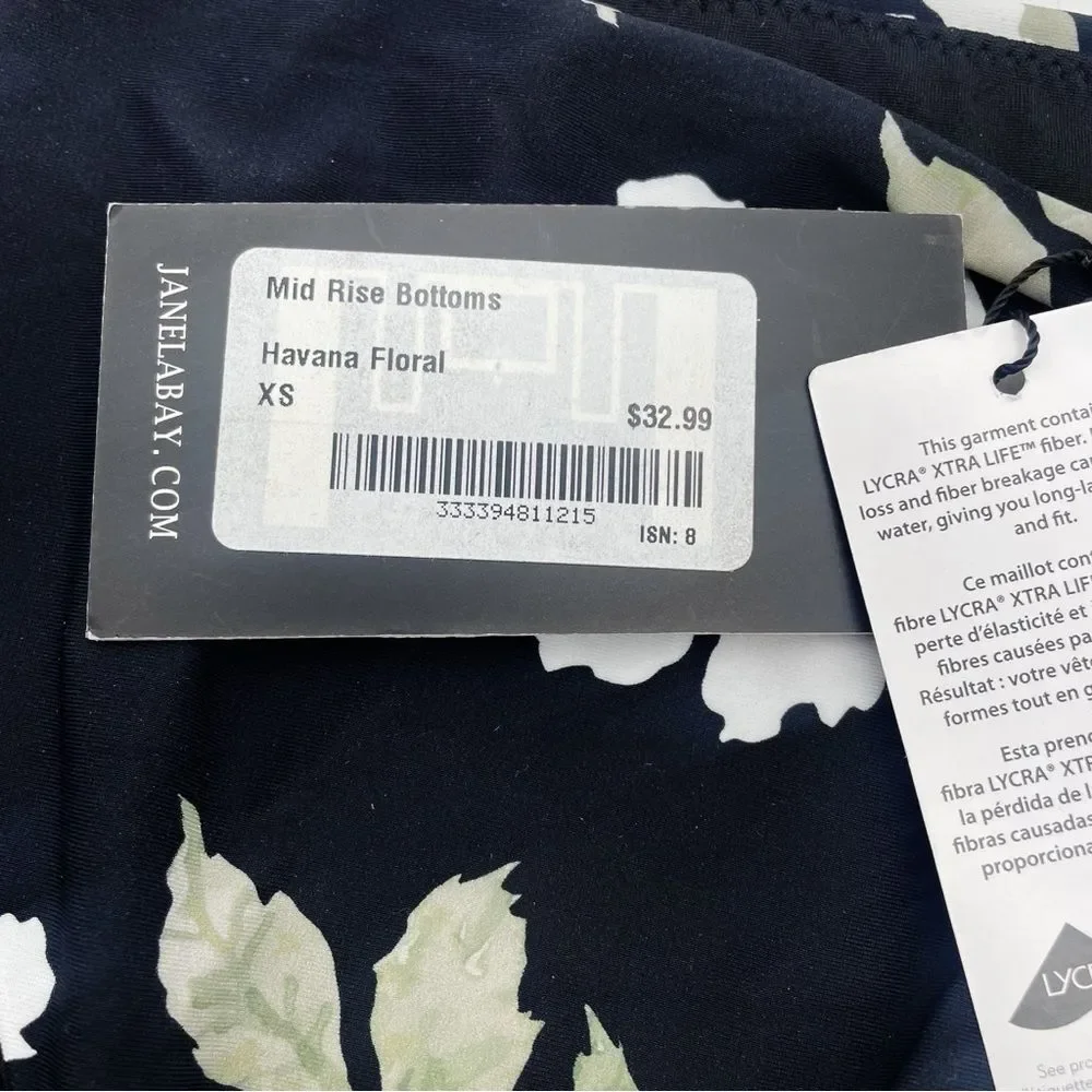 NWT Janela Bay Havana Black Floral Mid Rise Swim Bottoms Size XS Full Coverage
